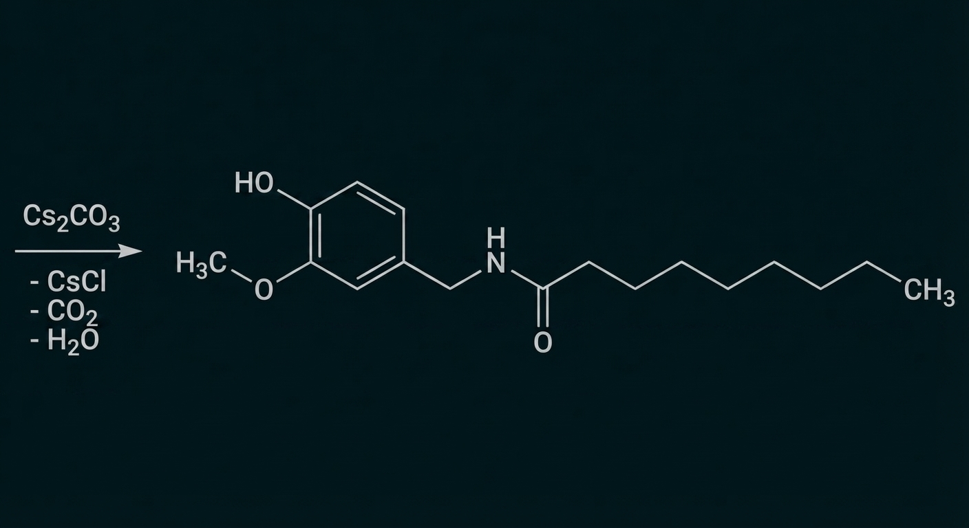Strukturformel eines aromatischen Moleküls mit Hydroxy/Methoxy und Amid an langer Alkylkette; Reagenzien links.